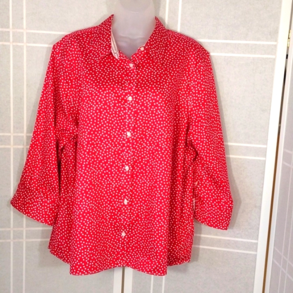 Red with white polka dots no-iron cotton button-down shirt 2X